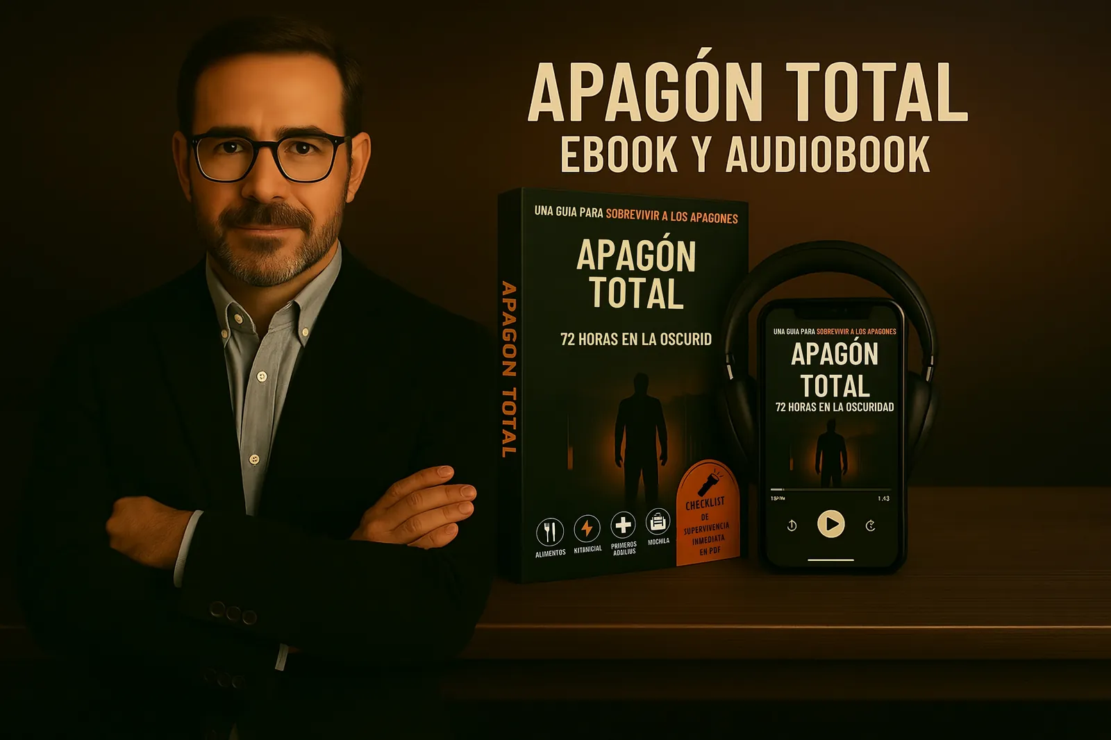 Autor de Apagón Total junto al ebook y audiobook 72 Horas en la Oscuridad
